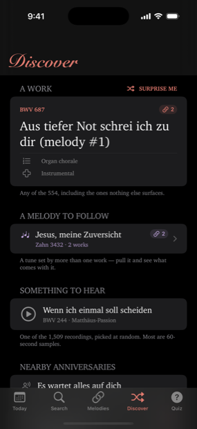 The Discover tab: a randomly chosen work, a melody, a recording to play, and nearby anniversaries