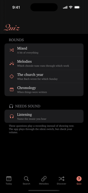 The Quiz screen, with four text rounds and a separate listening round marked Needs sound