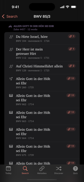 The related-works screen for BWV 85 movement 3, listing every work sharing Allein Gott in der Höh sei Ehr