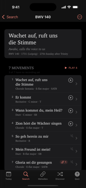 BWV 140 opened to its seven movements, with a chain-link badge on the closing chorale